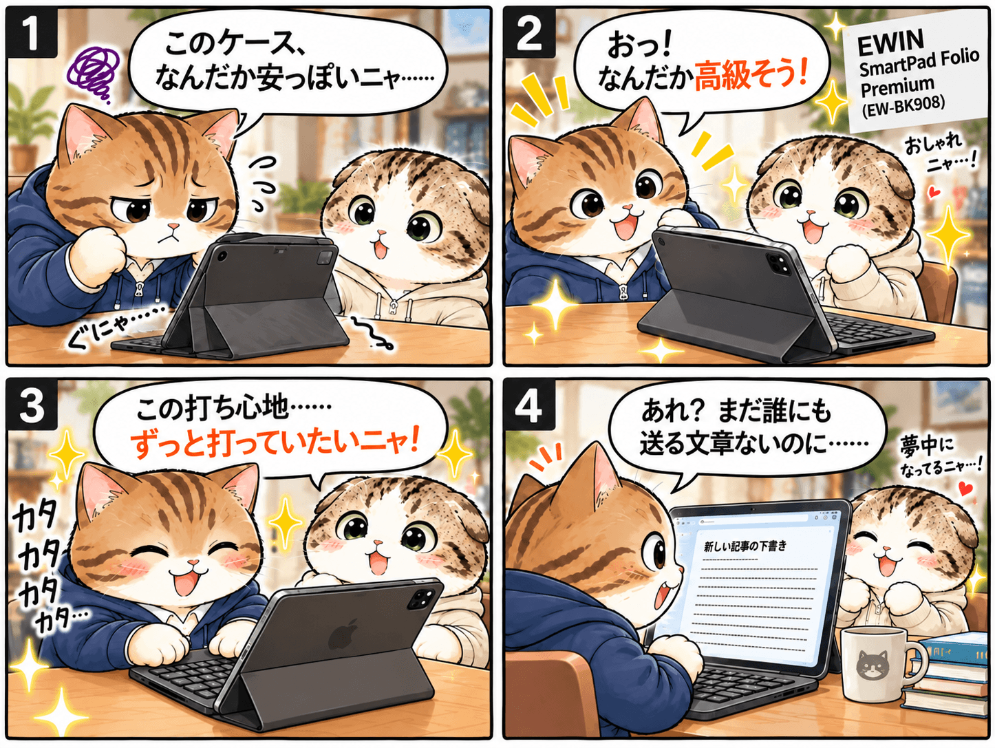 安いiPadキーボードから高級iPadキーボードに乗り換えて猫たちが感動している4コママンガ